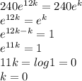 240e^{12k}=240e^{k}  \\e^{12k}=e^{k} \\e^{12k-k}=1\\e^{11k}=1\\11k=log 1=0\\k=0