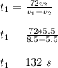 t_1 = \frac{72v_2}{v_1-v_2}\\\\t_1 =   \frac{72*5.5}{8.5-5.5}\\\\t_1 = 132 \ s