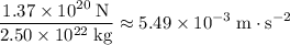\displaystyle \frac{1.37 \times 10^{20}\; \rm N}{2.50 \times 10^{22}\; \rm kg} \approx 5.49\times 10^{-3}\; \rm m \cdot s^{-2}