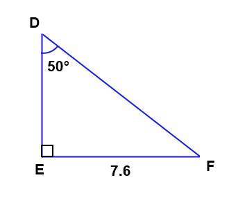 Triangle DEF contains right angle E. If angle D measures 50° and its opposite side measures 7.6 unit