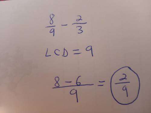 Calculate 8/9-2/3 giving your answer in its simplest form.