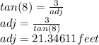 tan(8) = \frac{3}{adj} \\adj = \frac{3}{tan(8)} \\adj = 21.34611 feet