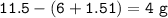 \tt 11.5-(6+1.51)=4~g