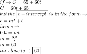 if \to C=65+60t \\  C=60t + 65 \\ but \: the \: \boxed{ c - intercept} \: is \: in \: the \: form \to \\ c = mt + b \\ hence \to \\ 60t = mt \\ m =  \frac{60t}{t}  \\ m = 60 \\  the \: slope \: is \to \boxed{60}