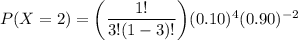 P(X=2) = \bigg (\dfrac{1!}{3!(1-3)!} \bigg)(0.10)^4 ( 0.90) ^{-2}