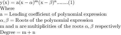 \rm y (x) = a(x-\alpha)^m (x-\beta)^n........(1)\\Where \\a = Leading \; coefficient\;  of\; polynomial\; expression \\\alpha ,\beta = Roots \; of \; the\; polynomial\; expression\\m\; and \; n \; are \; multiplicities \; of \; the \; roots \; \alpha,\beta  \; respectively\\Degree = m+n