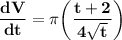 \mathbf{\dfrac{dV}{dt} = \pi \bigg ( \dfrac{{t}+2}{4\sqrt{t}}\bigg)}