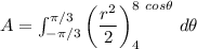 A = \int ^{\pi/3}_{-\pi/3} \bigg (\dfrac{r^2}{2} \bigg ) ^{8 \ cos \theta}_{4} \ d \theta