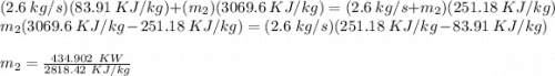 (2.6\ kg/s)(83.91\ KJ/kg)+(m_2)(3069.6\ KJ/kg)=(2.6\ kg/s+m_2)(251.18\ KJ/kg)\\m_2(3069.6\ KJ/kg-251.18\ KJ/kg)=(2.6\ kg/s)(251.18\ KJ/kg-83.91\ KJ/kg)\\\\m_2=\frac{434.902\ KW}{2818.42\ KJ/kg}