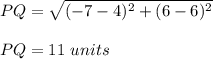 PQ=\sqrt{(-7-4)^2+(6-6)^2}\\\\PQ=11\ units