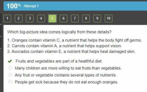 15. Which big-picture idea comes logically from these details?

5 pc
1. Oranges contain vitamin C, a