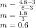m=\frac{4.8-3}{6-3}\\m=\frac{1.8}{3}\\m=0.6