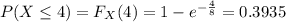 P(X\leq 4)=F_{X}(4)=1-e^{-\frac{4}{8}}=0.3935