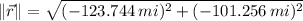 \|\vec r\| = \sqrt{(-123.744\,mi)^{2}+(-101.256\,mi)^{2}}