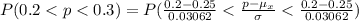 P( 0.2 <  p  <  0.3) =  P(\frac{ 0.2 - 0.25}{ 0.03062 }  <  \frac{p- \mu_{x}}{\sigma }  < \frac{ 0.2 - 0.25}{ 0.03062 }   )