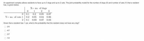 An apartment complex allows residents to have up to 3 dogs and up to 2 cats. The joint probability m