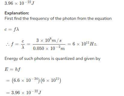 A photon of light has a wavelength of 0.050 cm. Calculate its energy.