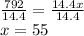 \frac{792}{14.4} = \frac{14.4x}{14.4} \\ x=55