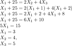 X_1 + 25 = 2X_2 + 4X_3\\X_1 + 25 = 2(X_1 + 1) + 4(X_1 + 2)\\X_1 + 25 = 2X_1 + 2 + 4X_1 + 8\\X_1 + 25= 6X_1 + 10\\5X_1 = 15\\X_1 = 3\\X_2 = 4, \\X_3 = 5