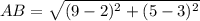AB =  \sqrt{ ({9 - 2})^{2} +  ({5 - 3})^{2}  }
