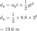 d_y=u_yt+\dfrac{1}{2}gt^2\\\\d_y=\dfrac{1}{2}\times 9.8\times 2^2\\\\=19.6\ m