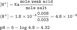 \tt [H^+]=Ka\dfrac{mole~weak~acid}{mole~salt}\\\\(H^+]=1.8\times 10^{-5}\dfrac{0.008}{0.003}=4.8\times 10^{-5}\\\\pH=5-log~4.8=4.32