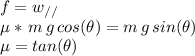 f = w_{//}\\\mu *\,m \,g\,cos(\theta) = m\,g\,sin(\theta)\\\mu = tan(\theta)