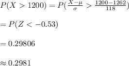 P(X1200)=P(\frac{X-\mu}{\sigma}\frac{1200-1262}{118})\\\\=P(Z