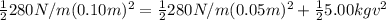 \frac{1}{2}280N/m(0.10 m)^{2} = \frac{1}{2}280N/m(0.05 m)^{2} + \frac{1}{2}5.00 kgv^{2}