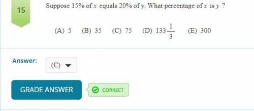 Suppose 15% of x equals 20% of y. What percentage of x is y?
a) 5 b) 35 c) 75 d) 133 1/5 e) 300