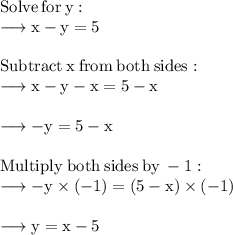 \rm Solve \:  for  \: y: \\  \rm \longrightarrow  x  - y= 5 \\  \\  \rm Subtract  \: x  \: from  \: both \:  sides: \\  \rm \longrightarrow x - y - x = 5 - x \\ \\   \rm \longrightarrow -y = 5 - x \\  \\  \rm Multiply \:  both  \: sides  \: by  \: -1: \\  \rm \longrightarrow  - y \times ( - 1) = (5 - x) \times ( - 1) \\  \\  \rm \longrightarrow y = x - 5