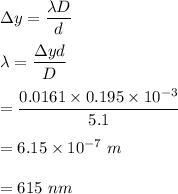 \Delta y=\dfrac{\lambda D}{d}\\\\\lambda=\dfrac{\Delta y d}{D}\\\\=\dfrac{0.0161\times 0.195\times 10^{-3}}{5.1}\\\\=6.15\times 10^{-7}\ m\\\\=615\ nm