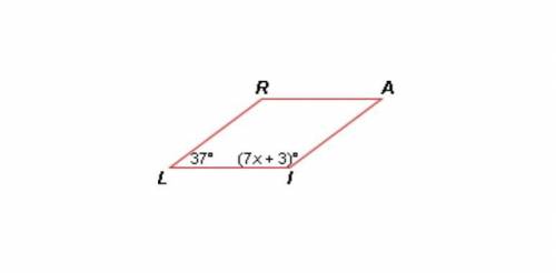 If LIAR is a parallelogram, what is the value of X?

R
A
377x+3)
(2x+3
O A. 42
O B. 20
O c. 71.5
O D