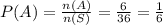 P(A) = \frac{n(A)}{n(S)} = \frac{6}{36} = \frac{1}{6}