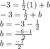 -3 = \frac{1}{2}(1)+b\\-3 = \frac{1}{2}+b\\b = -3-\frac{1}{2}\\b = \frac{-6-1}{2}\\b= \frac{-7}{2}