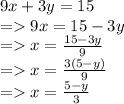 9x + 3y = 15 \\  =   9x = 15 - 3y \\  =   x =  \frac{15 - 3y}{9}  \\  =   x =  \frac{3(5 - y)}{9}  \\   =   x =  \frac{5 - y}{3}