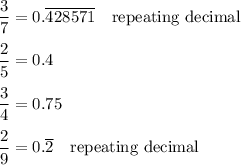 \dfrac{3}{7}=0.\overline{428571} \quad\text{repea}\text{ting decimal}\\\\\dfrac{2}{5}=0.4\\\\\dfrac{3}{4}=0.75\\\\\dfrac{2}{9}=0.\overline{2}\quad\text{repea}\text{ting decimal}