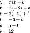 y=mx+b\\6=\frac{3}{4}(-8)+b\\6=3(-2)+b\\6=-6+b\\b=6+6\\b=12