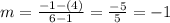 m = \frac{-1-(4)  }{6-1 } = \frac{-5}{5} = -1