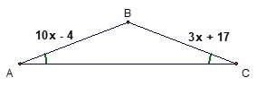 13. the base angles of the triangle are congruent.  what is the value of x and the length of e