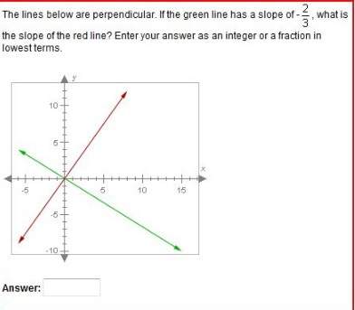 The lines below are perpendicular. if the green line has a slope of -2/3, what is the slope of the r