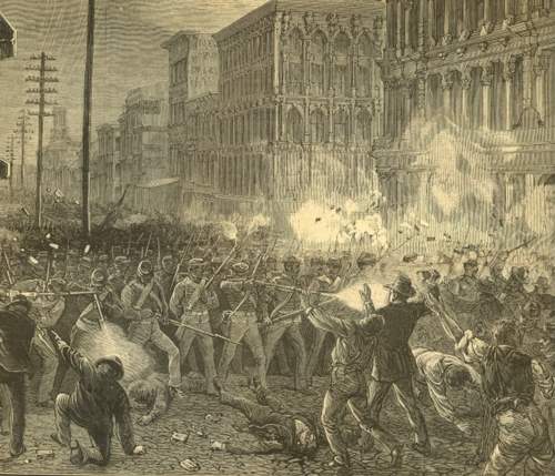 the image shows of the great railway strike of 1877. what does the activity in the picture re