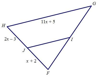 If line ji is a midsegment of triangle fgh, find hg. all measurements in the diagram are in inches.&lt;