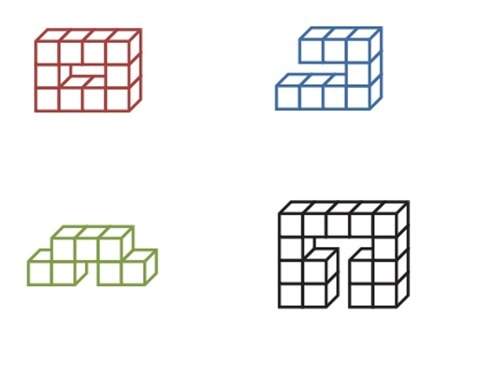 These four shapes are made of cubic centimeters.  which list correctly orders the shapes