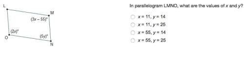 In parallelogram lmno, what are the values of x and y?
