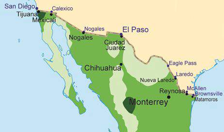 According to the map above, ciudad juarez, mexico, lies across the river from which american city? &lt;