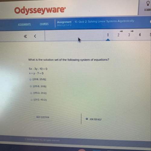 What is the solution set of the following system of equations?  5x - 3y - 10 = 0 x + y -