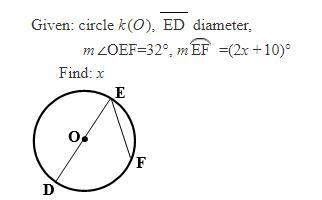 1) given: circle k(o), ed= diameter ,m∠oef=32°, m(arc)ef=(2x+10)° find: x 2)given: circle k