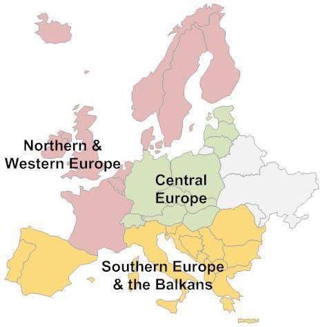 According to this map, which nation is considered part of northern and western europe?
