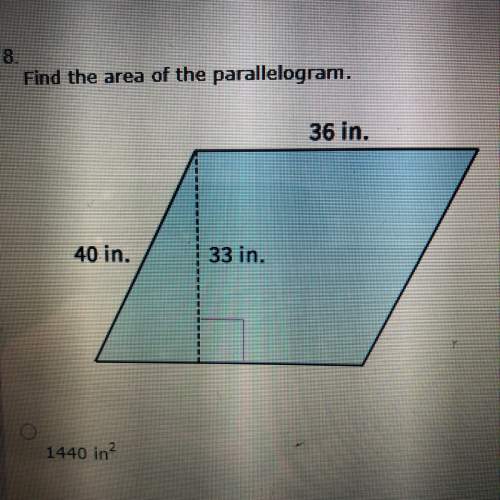 Find the area of the parallelogram.  answer options: 1440in^2, 1188in^2, 138in^2, 69in^2
